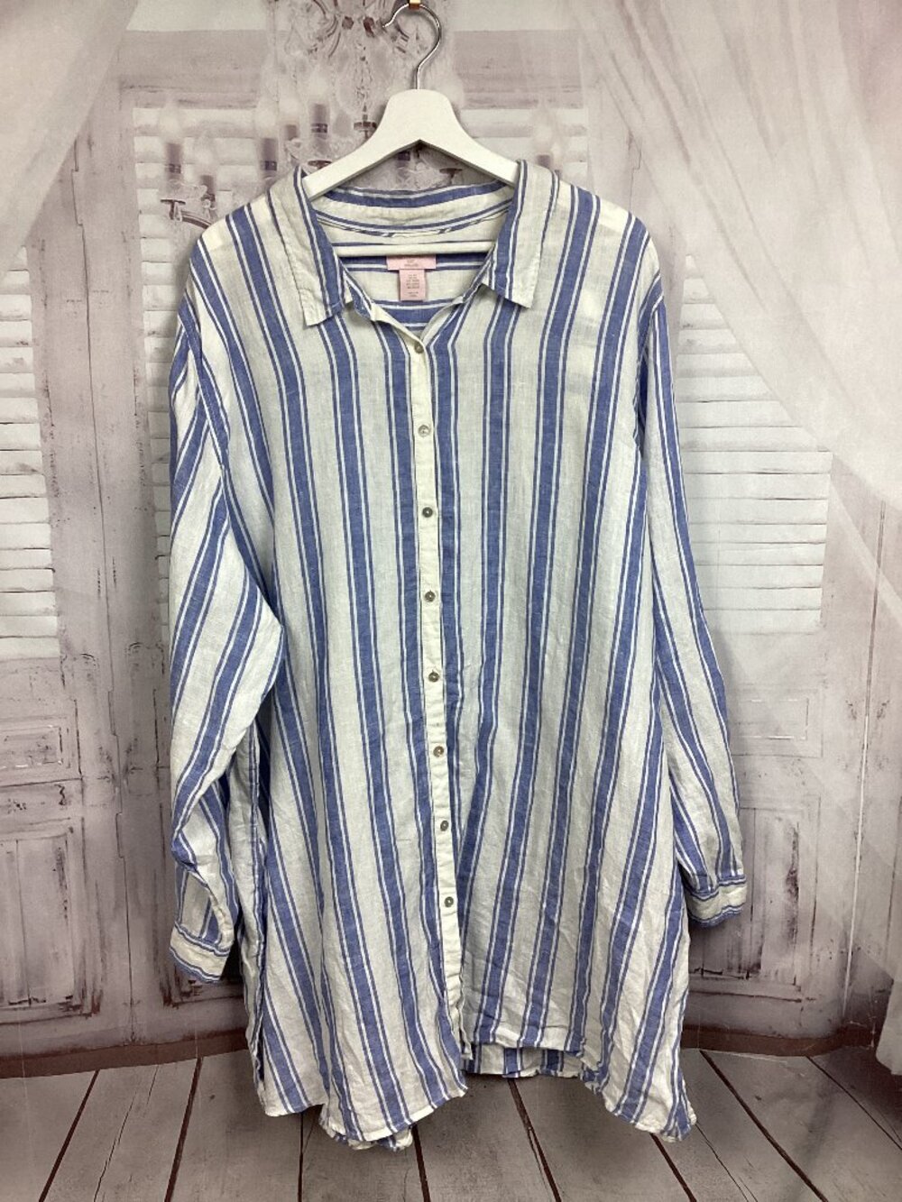 St. Tropez West Linen Striped Button Down Shirt 3X